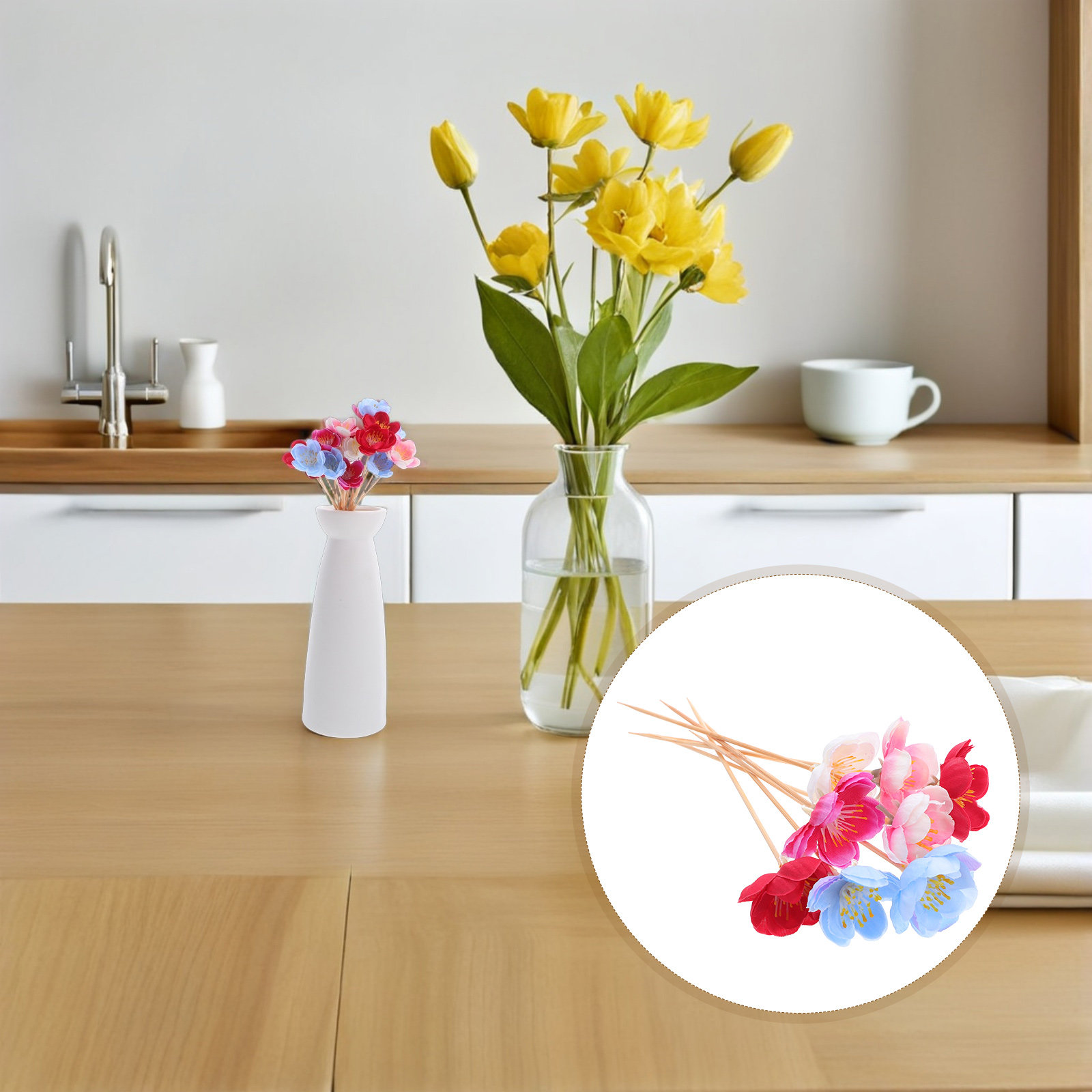 Floral Picks Wood - 100 stuks elegante bloemenfruitprikkers, levensechte pruimenbloesem